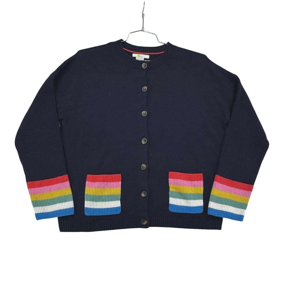 Boden Cardigan Women 10 Navy Blue Rainbow Striped Pockets Cashmere Blend Sweater
